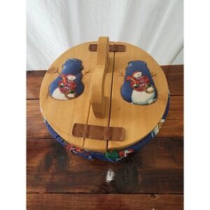 Snowman basket Vintage Wooden with leather hinged‎ lid and liner